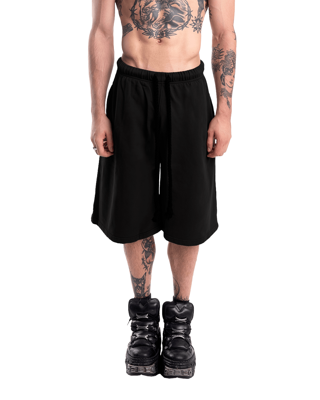 BLACK OVER-THE-KNEE SHORTS