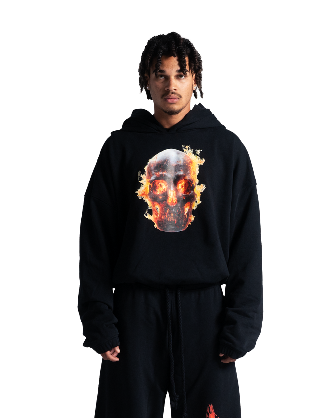 SKULL IN FLAMES DOUBLE HOOD HOODIE