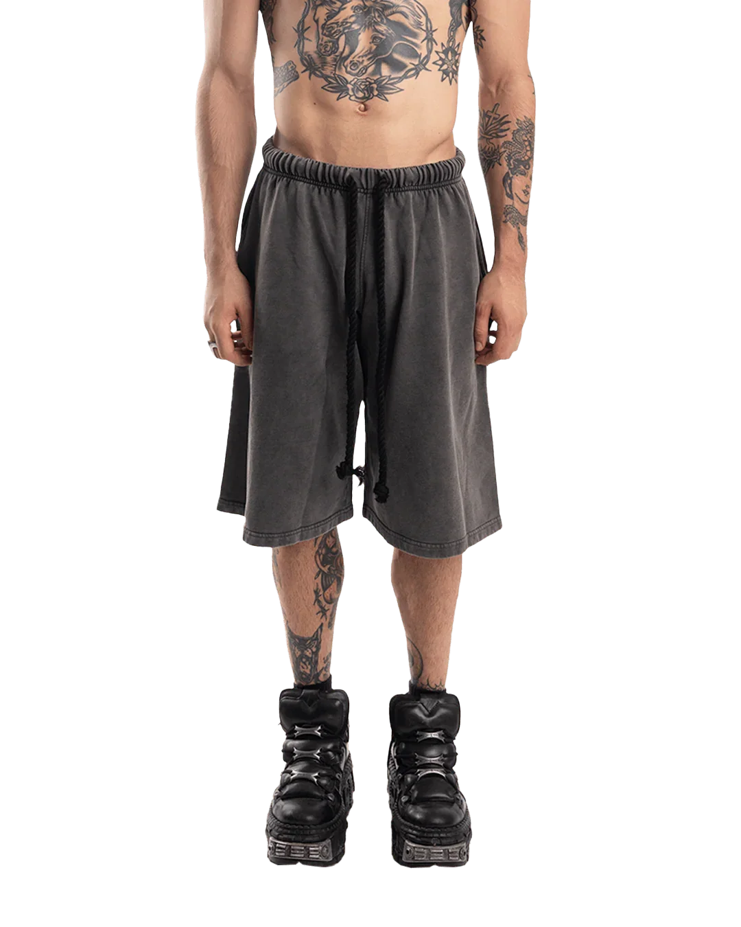 WASHED GREY OVER-THE-KNEE SHORTS