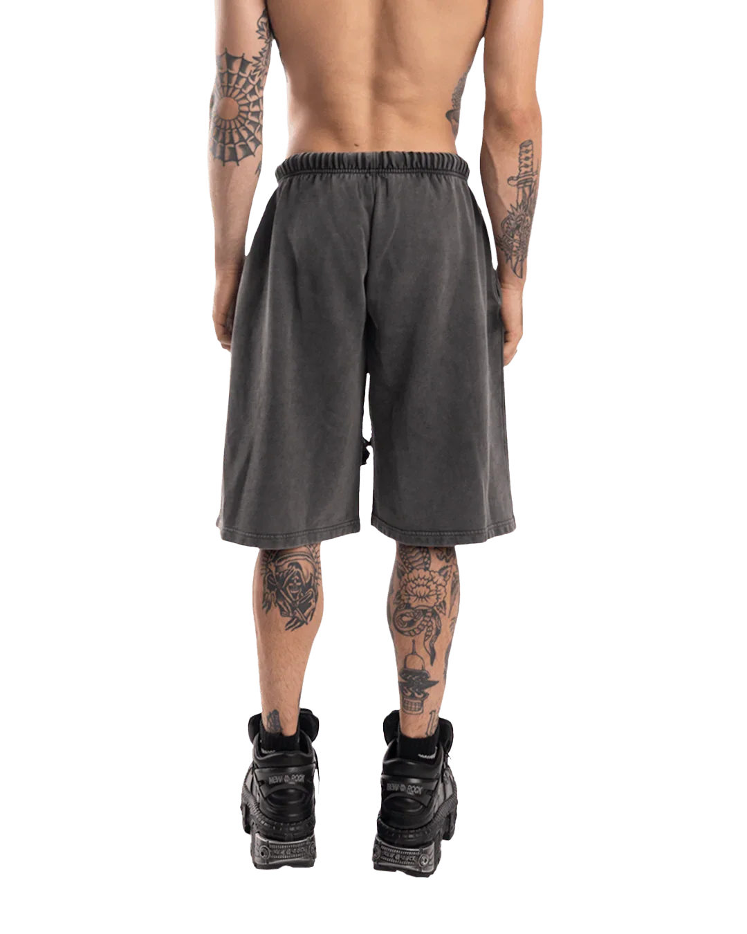 WASHED GREY OVER-THE-KNEE SHORTS