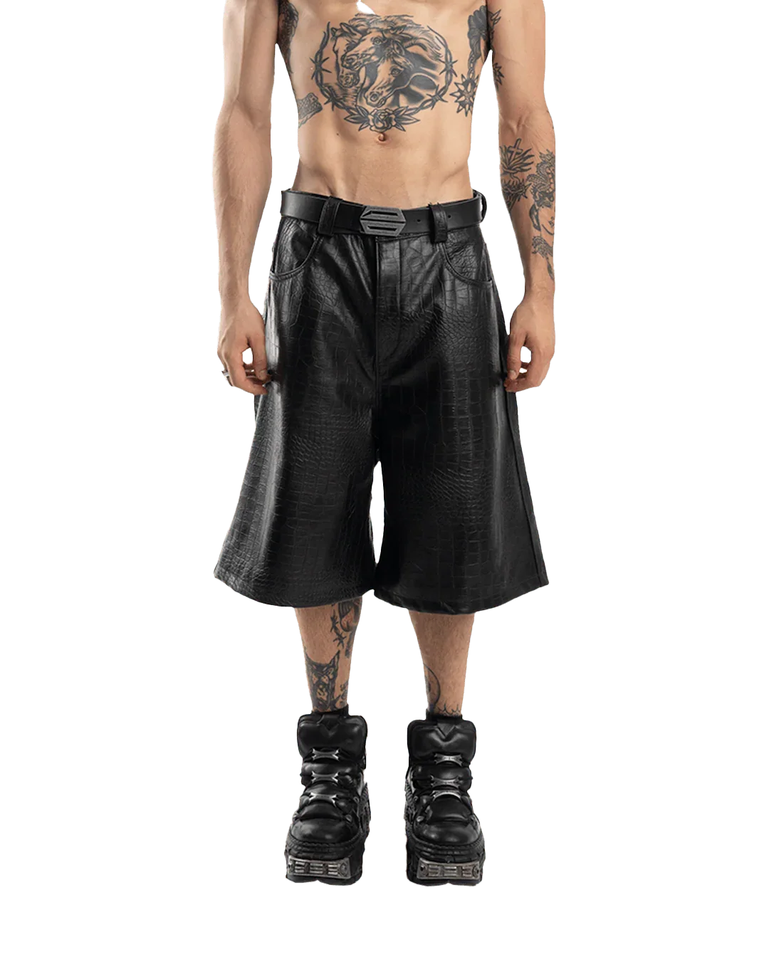 BLACK CAIMAN LEATHER SHORTS