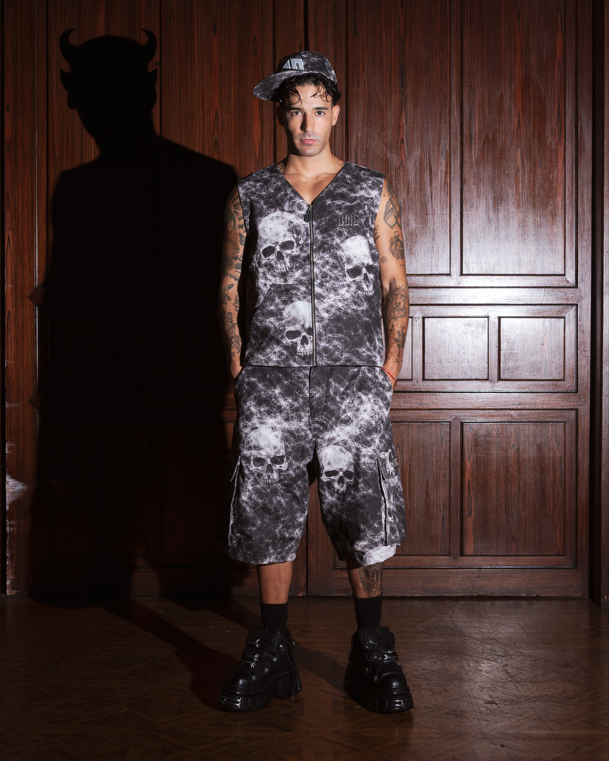 SKULL &amp; SMOKE AOP CARGO SHORTS