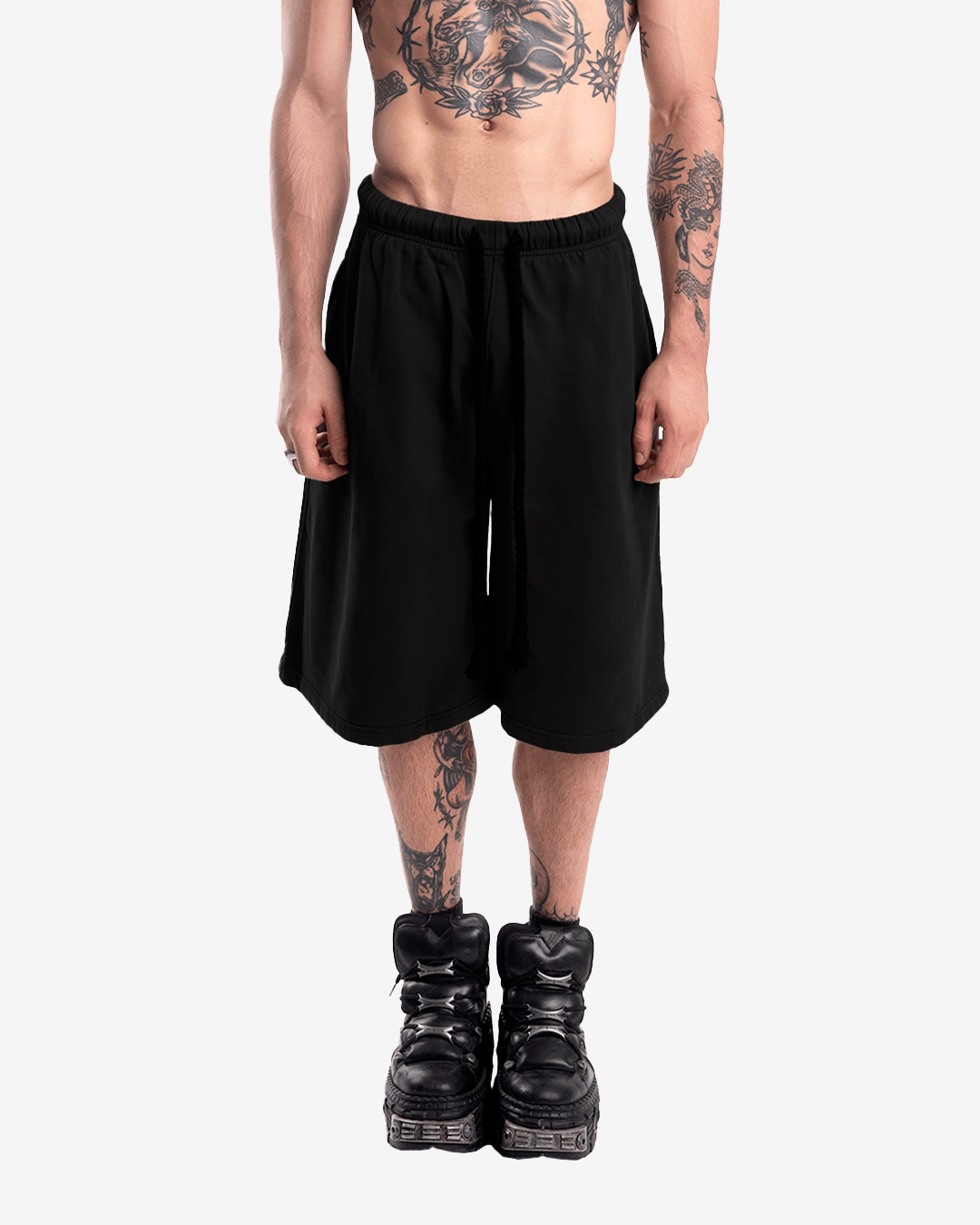 BLACK OVER-THE-KNEE SHORTS